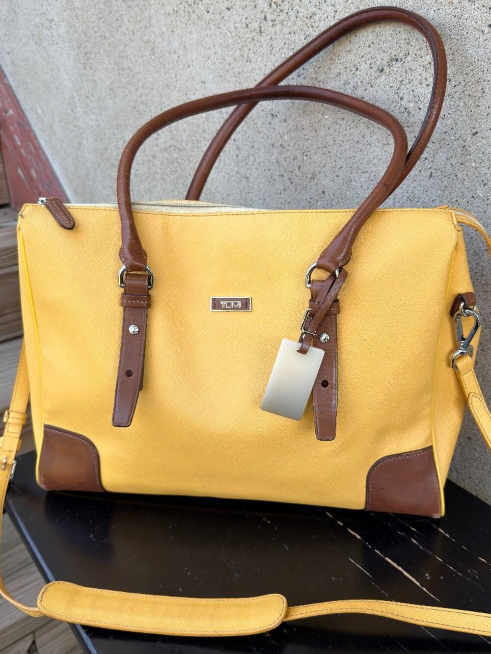 Tumi Yellow Leather Tote Shoulder Bag with Brown Trim and Handles